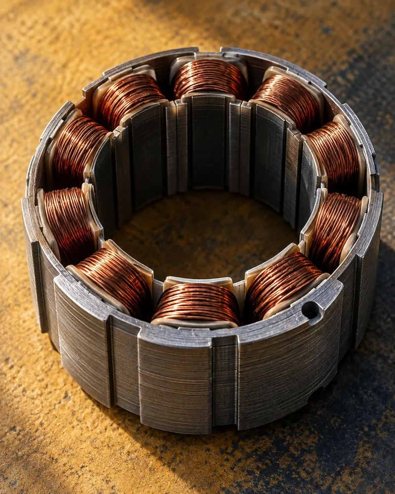 Imagem ilustrativa de um componente genérico com enrolamentos de cobre e lâminas de metal.